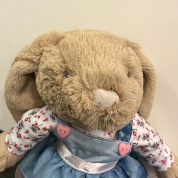 12” Manhattan Toy Company Tan Bunny Rabbit Plush Blue Dress with Pink Flower Top - Picture 2 of 8